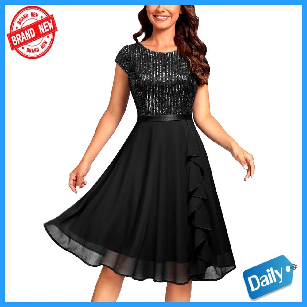 Glitter Sequin Cocktail Dress Elegant Ruffle Sleeve A-Line Formal Prom